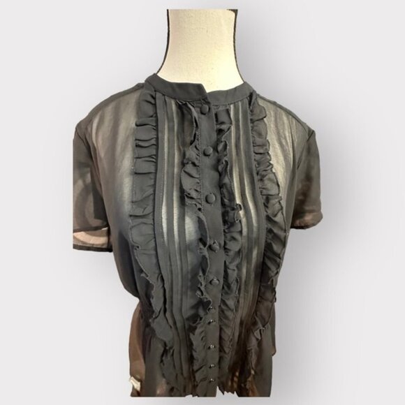Women’s Retro Torrid 1 Black Sheer Ruffle Button Down Banded Waist Top 1X 1XL - Picture 2 of 10